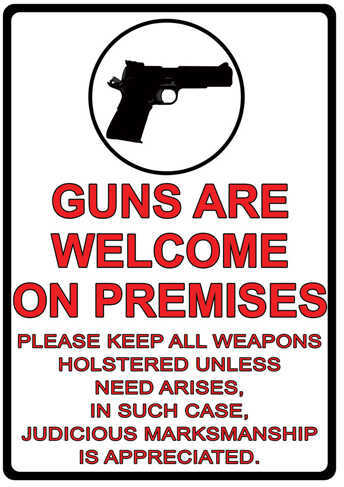 Click to see larger image. Rivers Edge Products 12" x 17" Tin Sign Guns Are Welcome 1499