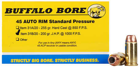 Click to see larger image. 45 Auto Rimmed 20 Rounds Ammunition Buffalo Bore 200 Grain Hollow Point