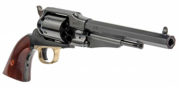 Cimarron 1858 <span style="font-weight:bolder; ">Remington</span> Navy Percussion Revolver 36 Caliber 7.5" Barrel Blue Steel Brass 2-Piece Walnut Grip Standard Blued Finish CA112