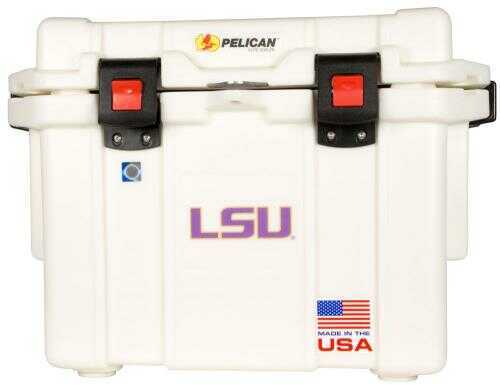 Pelican Cooler 35Qt With a Purple LSU Logo outlined In Gold.