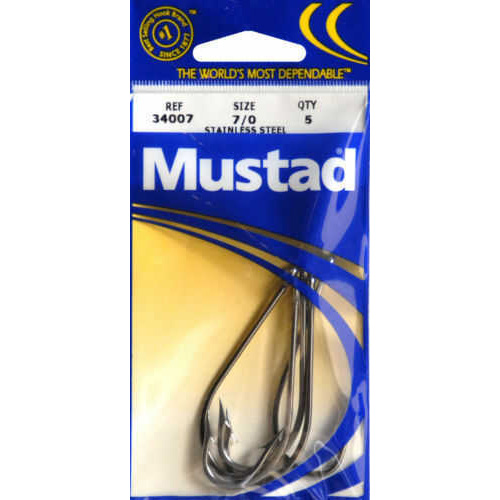 Mustad Hooks Poly Bag Stainless OShaughnessy 10/ctn 34007P-7/0