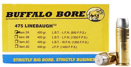 Buffalo Bore Ammunition 475 Linebaugh TM 420 Grains Hard Cast LBT-LFNGC 950 fps (Per 50) 2A/50