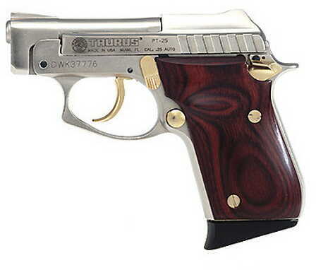 Taurus PT25 25 ACP 2.75" Barrel Nickel With Gold Trim Rosewood Grip 9 Round Fixed Sights Semi Automatic Pistol 1250035G