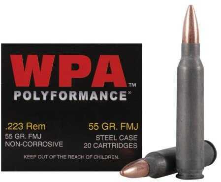 223 <span style="font-weight:bolder; ">Remington</span> 20 Rounds Ammunition Wolf Performance Ammo 55 Grain Full Metal Jacket