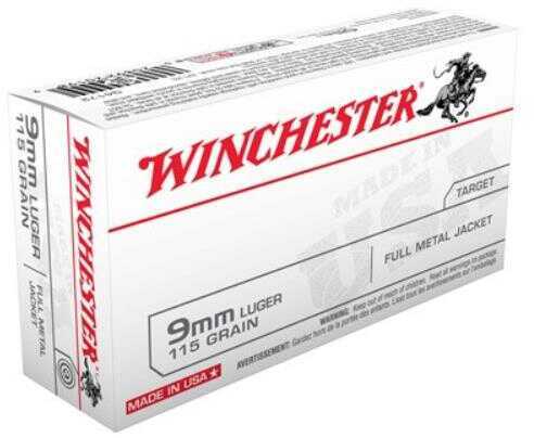 Winchester <span style="font-weight:bolder; ">9mm</span> Luger 115 gr Full Metal Jacket (FMJ) Ammo 50 Round Box