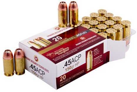Click to see larger image. 45 ACP 20 Rounds Ammunition Dynamic Research Technologies 150 Grain Hollow Point
