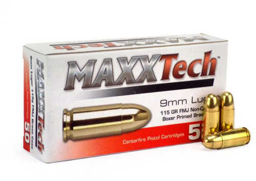 <span style="font-weight:bolder; ">9mm</span> Luger 50 Rounds Ammunition MAXXTech 115 Grain Full Metal Jacket