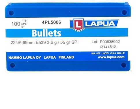 Lapua 22 Caliber (224 Diameter 55 Grain Soft Point Reloading Component Bullets, 100 Per Box Md: LAP4PL5006