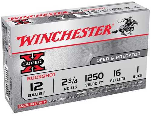 12 Gauge 5 Rounds Ammunition Winchester 2 3/4" 16 Pellets Lead #1 Buck