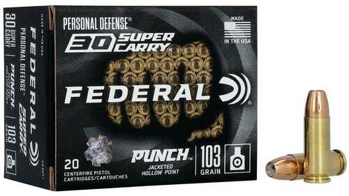 Click to see larger image. Federal Punch Handgun Ammunition 30 Sc 103gr Jhp 1130 Fps 20/ct