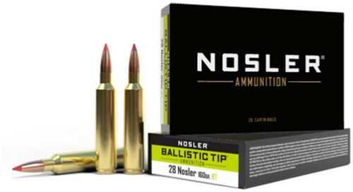 Nosler Ammo 28 Nosler Ballistic Tip 160 Grain Spitzer Ballistic Tip 20 Rounds Hunting Ammunition