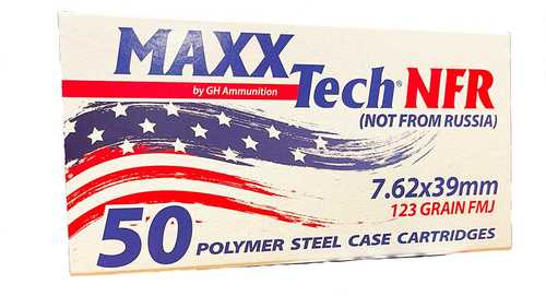 Maxxtech NFR Steel Case Rifle Ammunition 7.62x39mm 123 Grain Full Metal Jacket (FMJ) Boxer Primed 50 Rounds