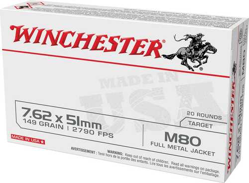Winchester USA Lake City M80 Rifle Ammunition 7.62x51mm 149Gr FMJ 2790 Fps 20/ct