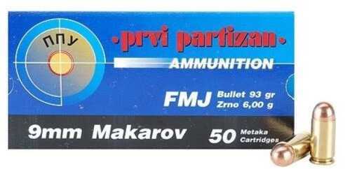 9mm Makarov 50 Rounds Ammunition Prvi Partizan 93 Grain Full Metal Jacket