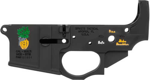 Click to see larger image. Spikes "Aloha Snackbar" Pineapple Grenade Color Filled AR Lower Multi-Caliber Black Hardcoat Anodized