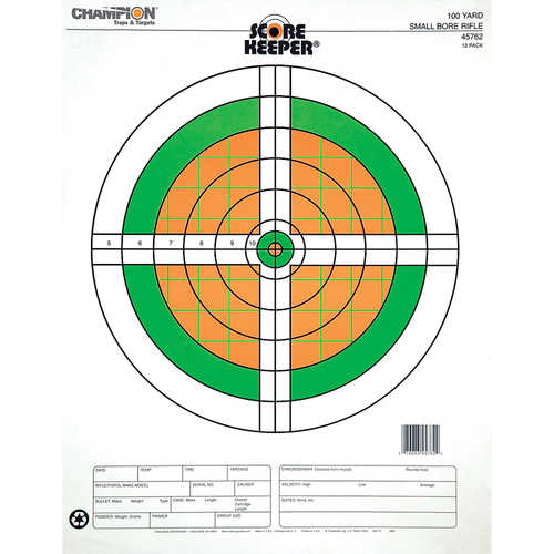 Champion Traps & Targets Fluorescent Orange/Green Bullseye Scorekeeper 100 Yard Small Bore Rifle 12 Pack 45762