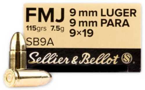 S&B <span style="font-weight:bolder; ">9MM</span> 115 Gr FMJ Ammo 50 Round Box SB9A