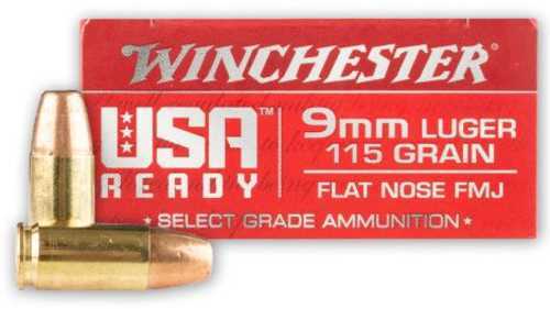 Winchester USA Ready 9mm Luger 115 gr Full Metal Jacket Flat Nose (FMJFN) Ammo 50 Round Box