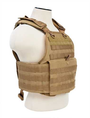 NCSTAR Plate Carrier Vest Nylon Tan Size Medium-2XL Fully Adjustable PALS/ MOLLE Webbing Compatible with 10" x 12" Hard