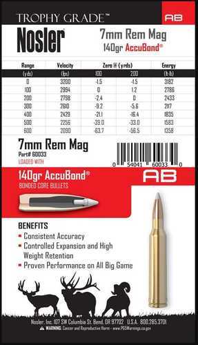 Click to see larger image. 7mm Remington Magnum 20 Rounds Ammunition Nosler 140 Grain Ballistic Tip