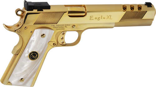 Click to see larger image. Iver Johnson Eagle XL Semi-Auto Pistol .45 ACP 6" Ported Barrel (1)-8Rd Magazine Fully Adjustable White Dot Rear Sight W/ Dovetail Front Synthetic Pearl Grips 24k Gold Plated Finish