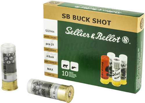 12 Gauge 10 Rounds Ammunition Sellier & Bellot 2 3/4" 21 Pellets Lead #4 Buck