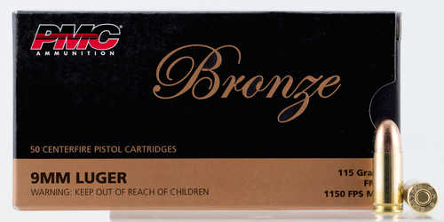 PMC Bronze <span style="font-weight:bolder; ">9mm</span> Luger 115 gr 1150 fps Full Metal Jacket (FMJ) Ammo 50 Round Box