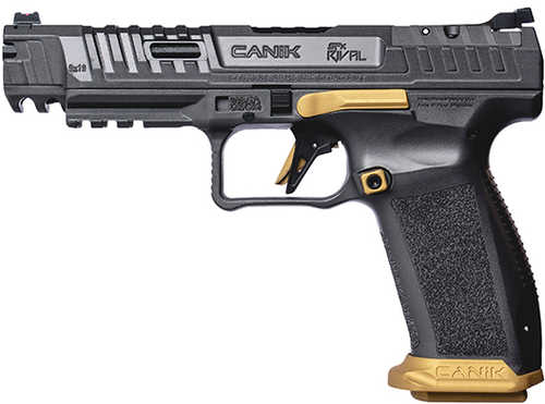 Century Canik SFx Rival Semi-Auto Pistol 9mm Luger 5" Barrel (2)-18Rd Full Size Magazines Fiber Optic Front & Adjustable Rear Sights Grey/Gold Finish