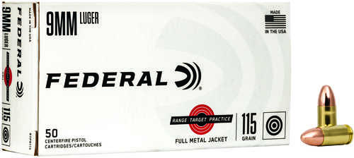 9mm Luger 50 Rounds Ammunition Federal Cartridge 115 Grain Full Metal Jacket