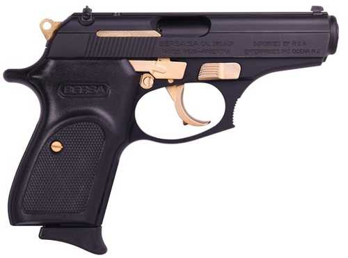 Bersa Thunder 380 Matte/Gold Double/Single Action Semi-Automatic Pistol .380 ACP 3.5" Barrel (1)-8Rd Magazine Gold External Parts Dovetail Front & Notched-Bar Rear Fixed Sights Black Polymer Finish