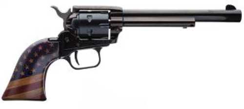 Click to see larger image. Heritage Rough Rider Small Bore Single Action Revolver .22 Long Rifle 6.5" Barrel 6 Round Capacity Fixed Sights Gold USA Flag Grips Black Finish