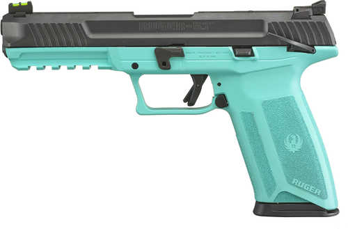 Ruger 57 Talo Semi-Automatic Pistol 5.7x28mm 4.94" Alloy Steel Barrel (2)-20Rd Magazines Fiber Optic Front & Adjustable Rear Sights High Performance, Glass Filled Grips Black Slide Cerakote Turquoise Finish