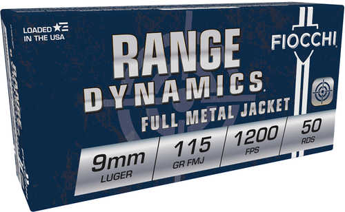 Fiocchi Range Dynamics <span style="font-weight:bolder; ">9mm</span> Luger 115 gr Full Metal Jacket (FMJ) Ammo 50 Round Box