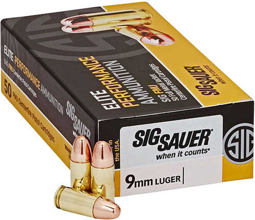 Sig Sauer Elite Ball <span style="font-weight:bolder; ">9mm</span> Luger 124 gr Full Metal Jacket (FMJ) Ammo 50 Round Box