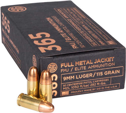 Sig Sauer Elite Ball <span style="font-weight:bolder; ">9mm</span> Luger 115 gr Full Metal Jacket (FMJ) Ammo 50 Round Box