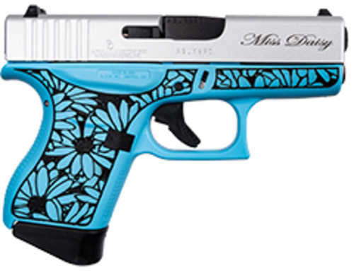 Glock G43 Striker Fired Semi-Automatic Pistol 9mm Luger 3.39" Carbon Steel Barrel (2)-6Rd Magazines White Dot Front Outline Rear Sights Black Daisy Engraving On Frame Raspberry Blue Cerakote Finish