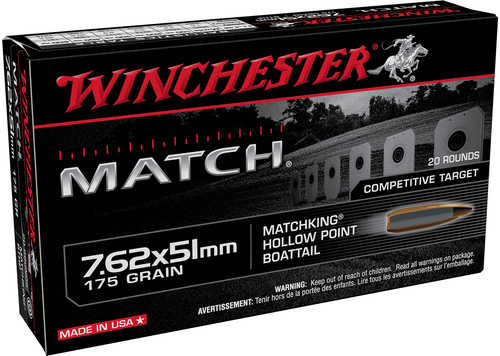 Winchester Ammo S76251M Match 7.62X51mm Nato 175 Gr Boat-Tail Hollow Point (BTHP) 20 Bx