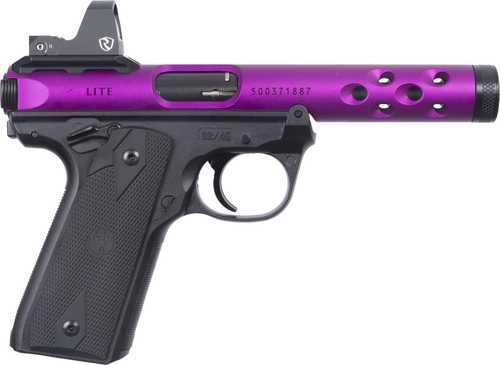 Ruger Mark IV Semi-Automatic Pistol .22 Long Rifle 4.4" Threaded, Rifled Barrel (2)-10Rd Magazines Drilled & Tapped Riton Red Dot Included Checkered Black Synthetic Grips Purple Anodized Finish