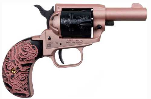 Click to see larger image. Heritage Barkeep Single Action Revolver .22 Long Rifle 2" Barrel 6 Round Capacity Rose Engraving Birdhead Wood Grips Gold Finish