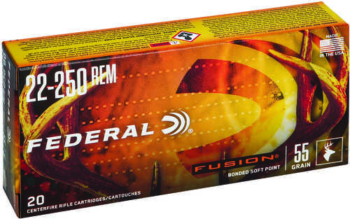 <span style="font-weight:bolder; ">Federal</span> <span style="font-weight:bolder; ">Fusion</span> 22-250 Rem 55 gr 3600 fps Soft Point Ammo 20 Round Box