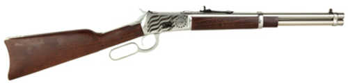 Rossi R92 Lever Action Rifle .44 Remington <span style="font-weight:bolder; ">Magnum</span> 16" Barrel 8 Round Capacity Engraved US Flag on Receiver Wood Stock Silver Finish