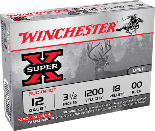 12 Gauge 5 Rounds Ammunition Winchester 3 1/2" 18 Pellets Lead #00 Buck