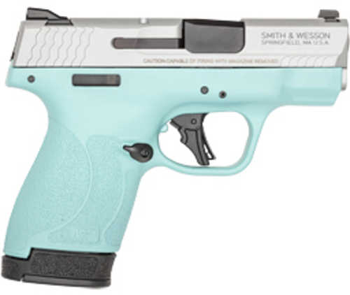 Click to see larger image. Smith & Wesson Shield Plus M&P9 Semi-Automatic Pistol 9mm Luger 3.1" Barrel (1)-10Rd & (1)-13Rd Magazines Silver Slide Robins Egg Blue Finish