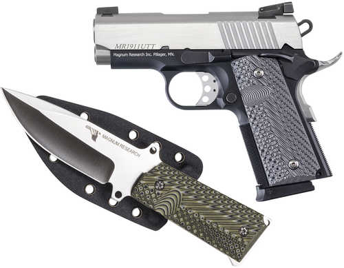 Magnum Research 1911U w/Knife Semi-Automatic Pistol 45 ACP 3" Barrel (2)-6Rd Magazines Black / Gray G10 Grips Silver Slide Black Finish