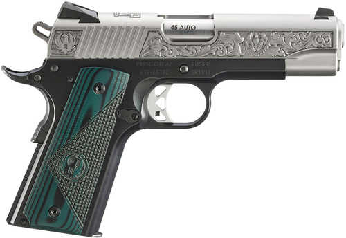 Ruger SR1911 Mayodan, NC Edition Commander Frame 45 ACP 7+1 4.25" Stainless Steel Barrel, Low-Glare Stainless Serrated w/Engraving Steel Slide, Black Anodized Aluminum Frame w/Beavertail, Black/Green Deluxe Checkered G10 Grip
