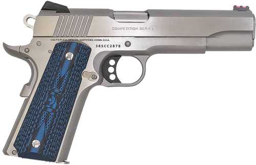 Colt Competition 38 Super 9+1 5" National Match Barrel, Stainless Steel Serrated Slide, Stainless Steel Frame w/Beavertail, Competition Blue G10 Grip