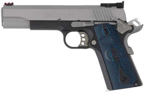 Colt Gold Cup 38 Super 9+1 5" Stainless National Match Barrel, Brushed Stainless Steel Serrated Slide, Black/Stainless Steel Frame w/Beavertail, Blue Scalloped G10 Grip, Ambidextrous