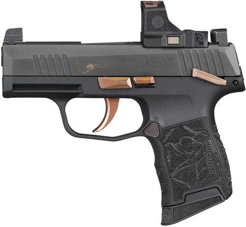 Sig Sauer P365 Rose Kit Micro Compact 380 ACP 10+1 3.10" Black Nitron Stainless Steel Serrated w/Optic Slide, Black Nitron w/Rose Accents Stainless Steel Frame w/Accessory Rail, LXG Laser Engraved Grip, Sig ROMEO-RS Compact, RMSc Footpr