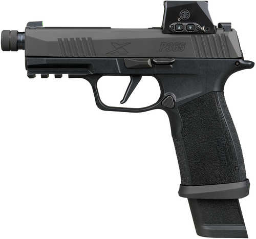 Sig Sauer P365 Xmacro TACOPS w/Optic 9mm Luger 21+1 4.30" Black Threaded Barrel, Black Nitron Stainless Steel Serrated w/Optic Slide, Black Nitron Polymer Frame w/Picatinny Rail, Xmacro Polymer Grip, Sig ROMEO-X SIG-LOC Red Dot