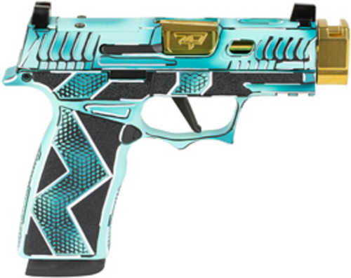 Sig Sauer P365X Komodo Anime, Striker Fired, Semi-automatic, 9MM, 3.1" Zaffiri Threadless Comp Barrel in High Polish Gold, Optic Ready, Komodo Aluminum Grip Mod ule, Cerakote Finish, Dayglow Blue, 17 Rounds, 2 Magazines 300-252-0409-64